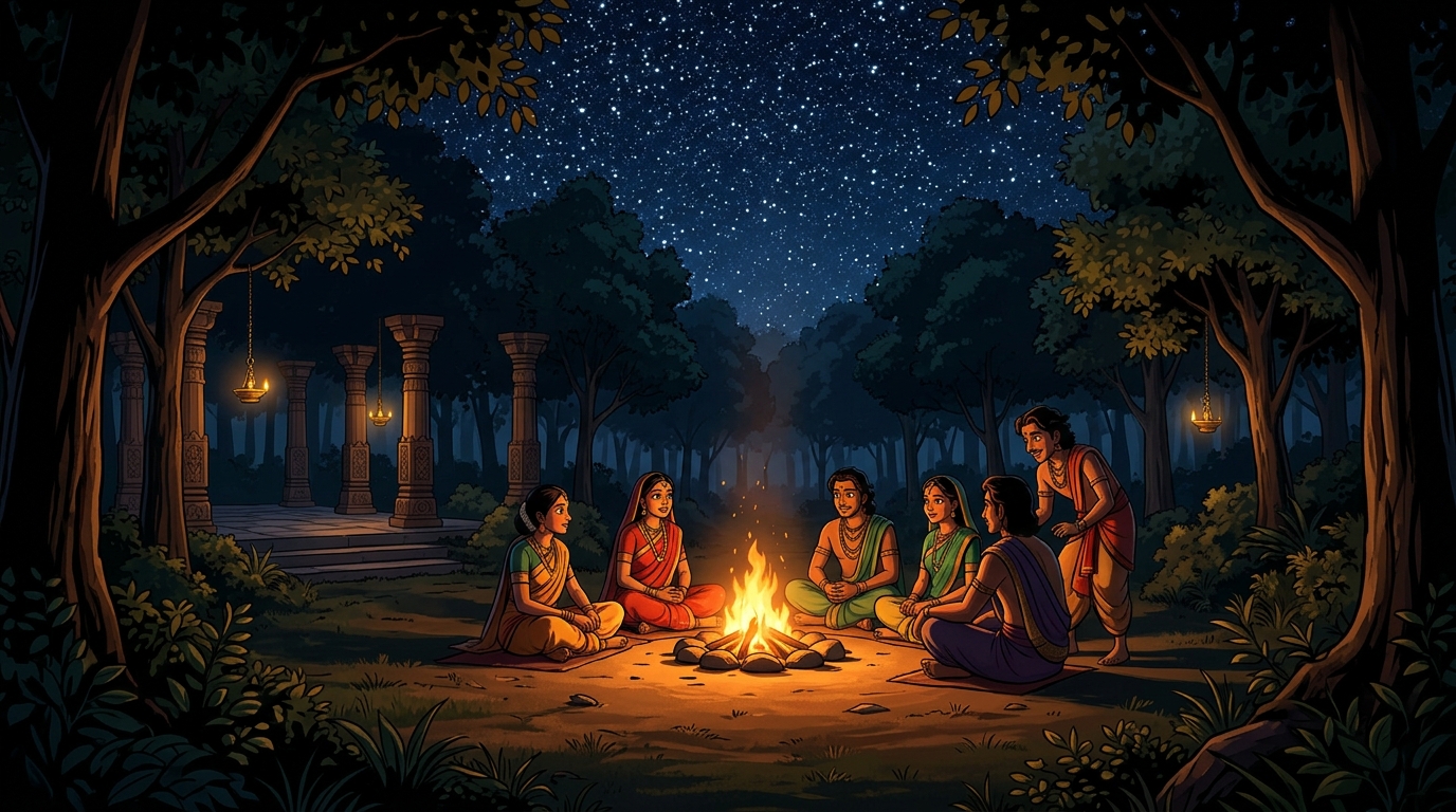 Atmospheric closing wide shot of the warm campfire glowing in the vast midnight forest under millions of stars