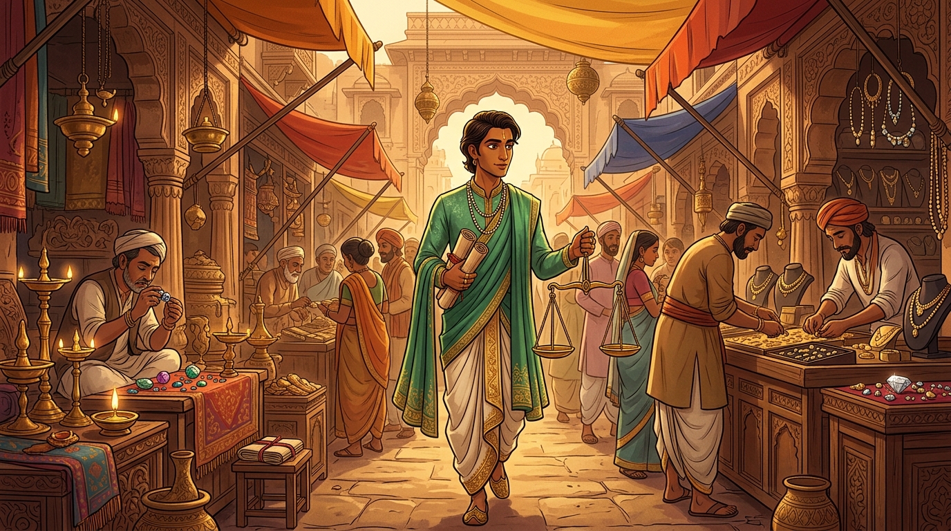 Prince Pushpodbhava in rich merchant attire walking through the vibrant jewelers bazaar observing traders