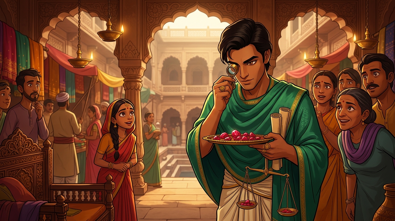 Pushpodbhava closely inspecting a tray of uncut rubies with a brass jeweler loupe