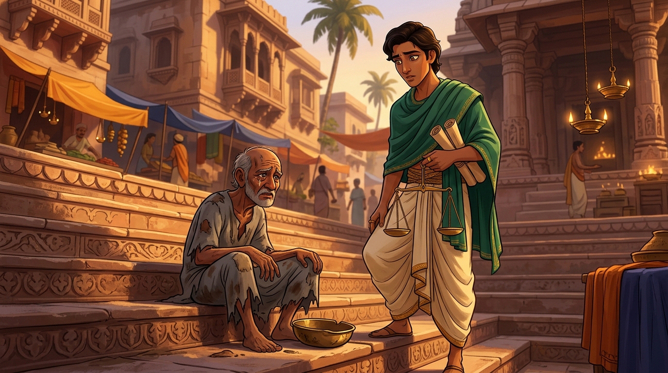 Pushpodbhava spots an impoverished elder in rags weeping silently on the temple stepwell steps