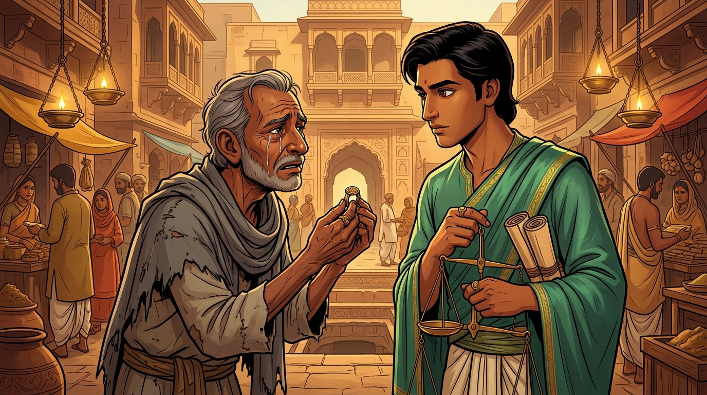 Dramatic emotional close shot where Ratnodbhava recognizes his son narrating the tragedy