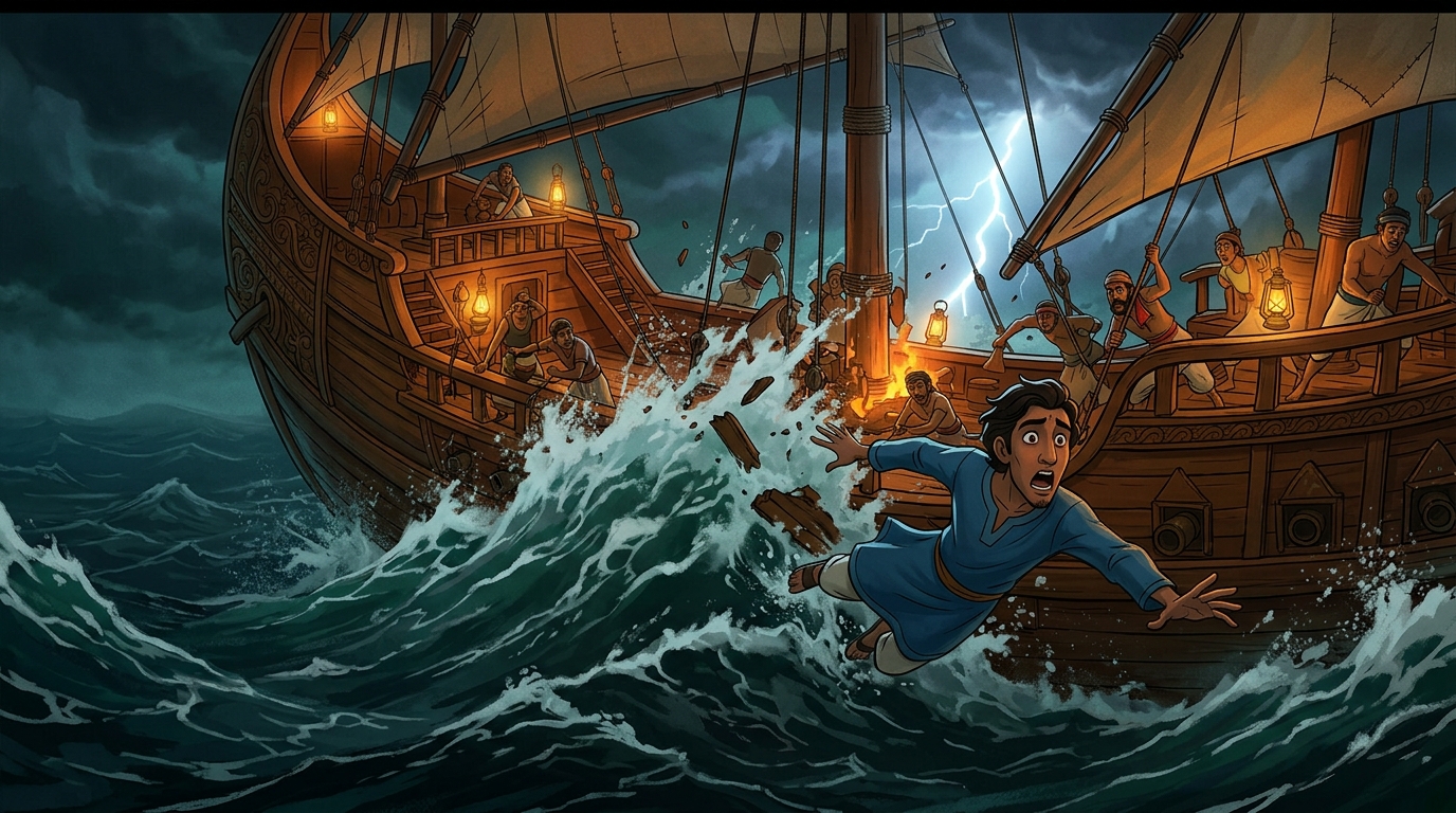Flashback showing an ancient Indian merchant ship caught in a terrifying ocean typhoon