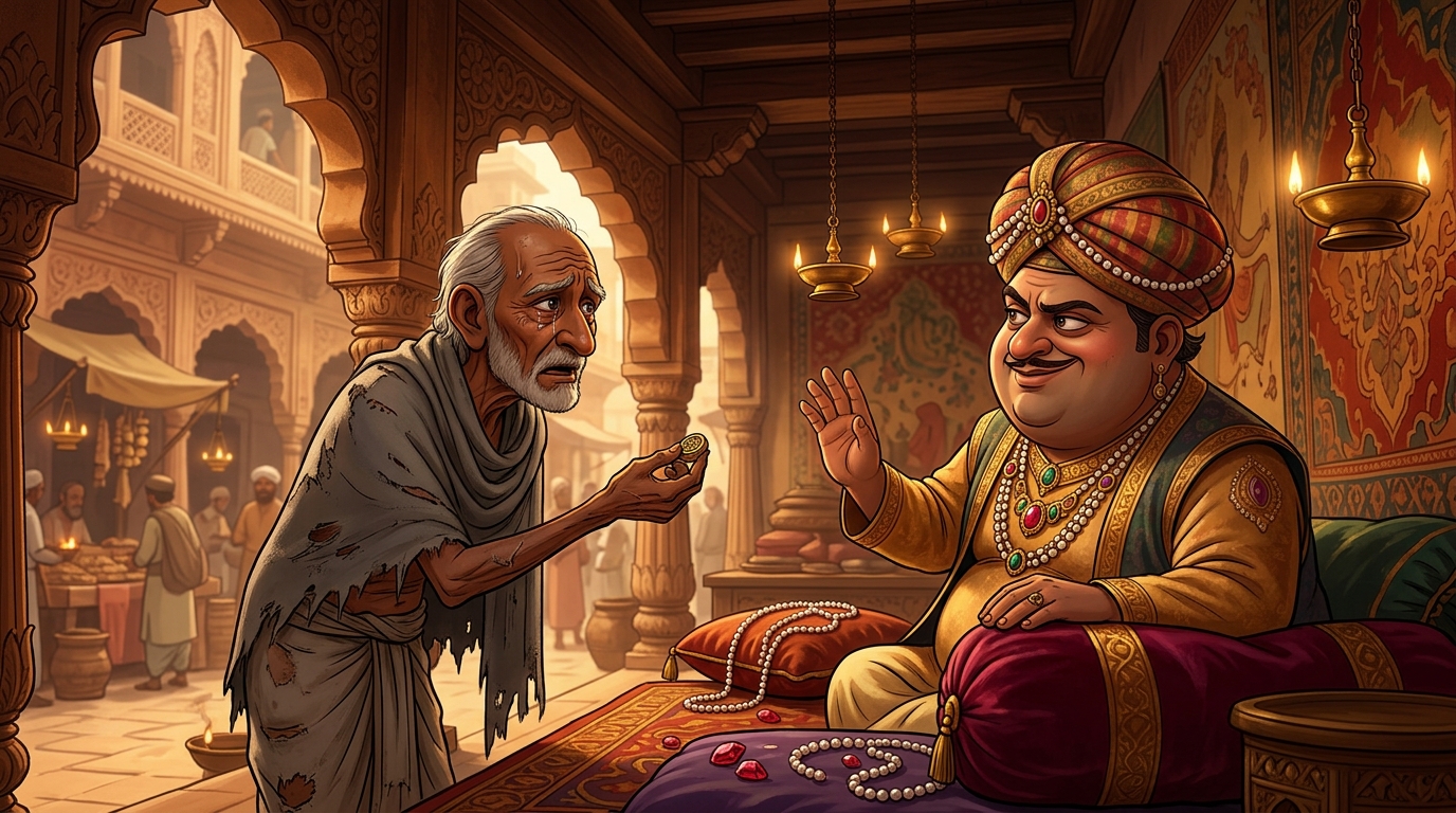 Flashback in Ujjayini showing impoverished Ratnodbhava pleading before the arrogant Guildmaster Bandhupala