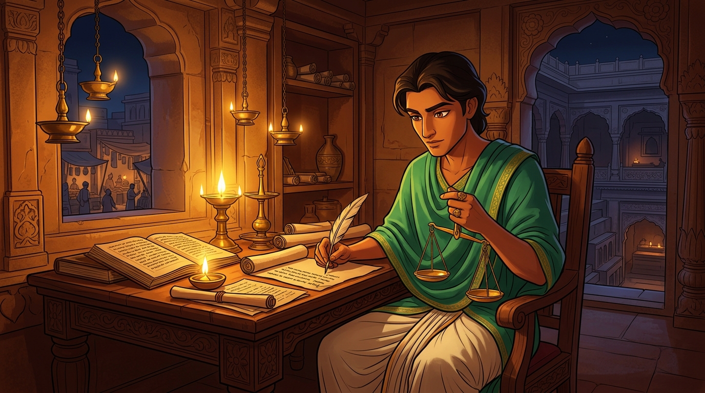Night scene of Pushpodbhava drafting a covert financial investigation plan on birch-bark scrolls