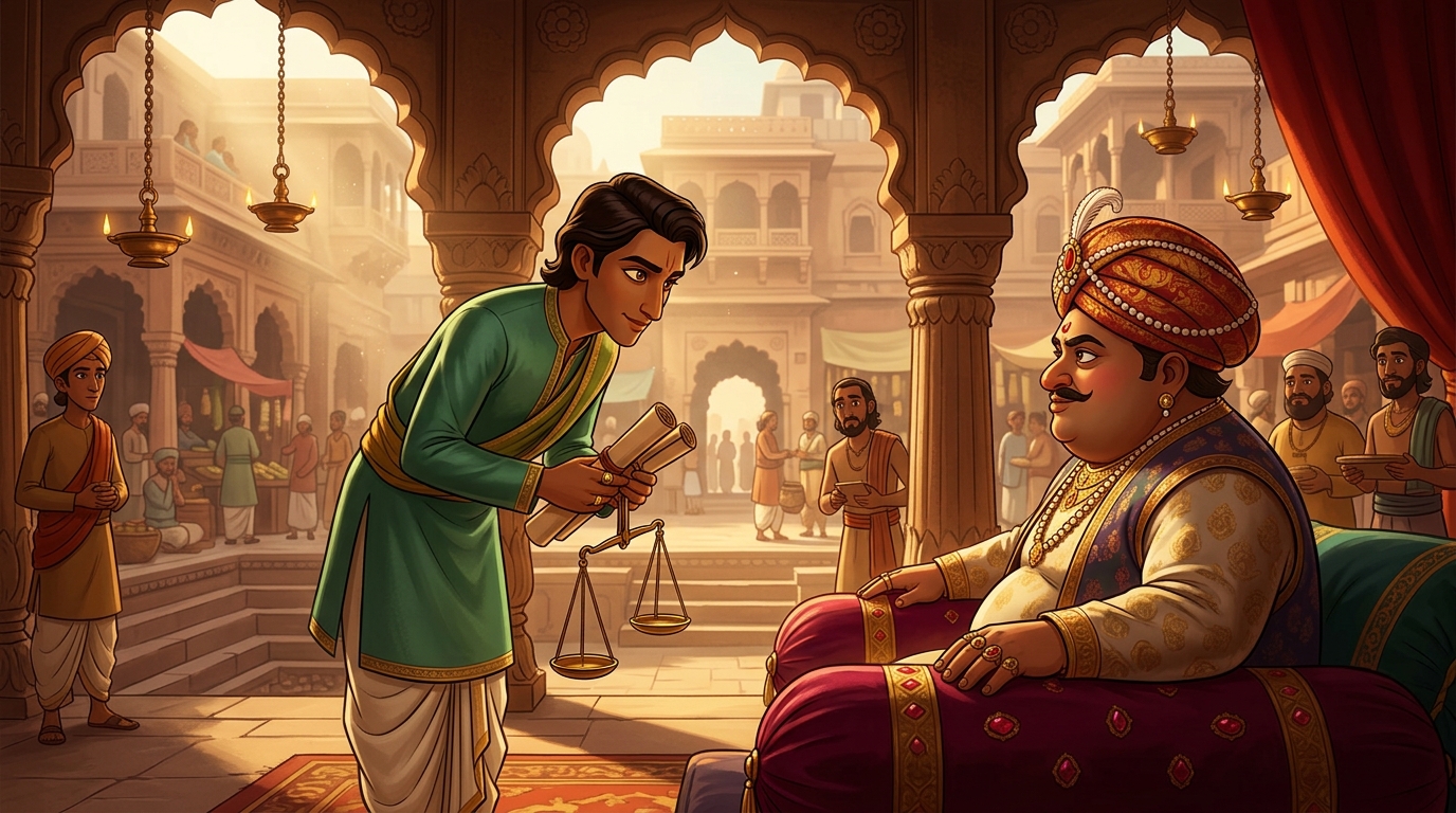 Pushpodbhava bowing with courtly elegance before Guildmaster Bandhupala in the grand commercial council