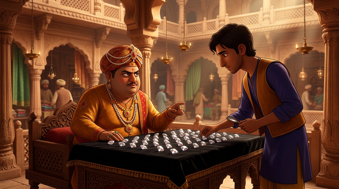 Guildmaster Bandhupala challenging Pushpodbhava with fifty identical crystalline gems on black velvet