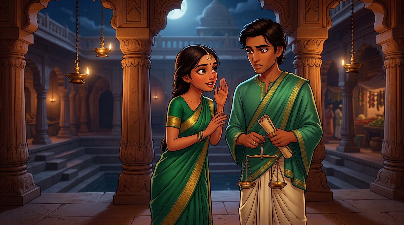 Secret encounter in moonlit temple courtyard where Balachandrika warns Pushpodbhava of Prince Daruvarman