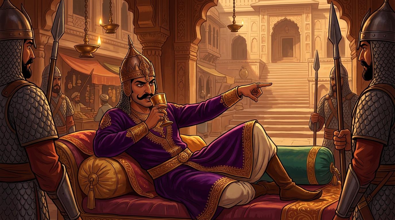 The arrogant Prince Daruvarman of Malwa lounging on a silk divan surrounded by armored enforcers