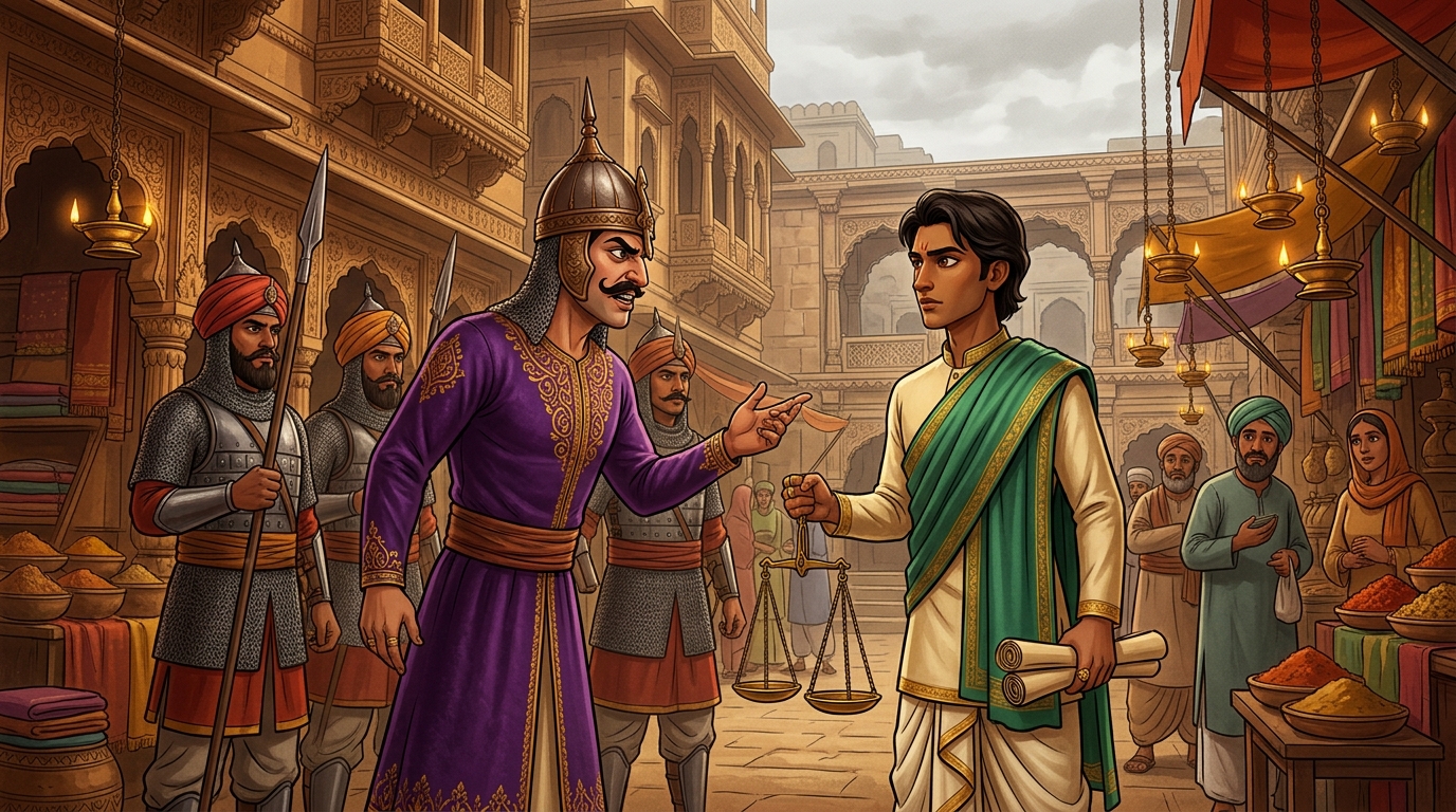 Daruvarman summoning Pushpodbhava demanding Balachandrika's delivery under threat of execution