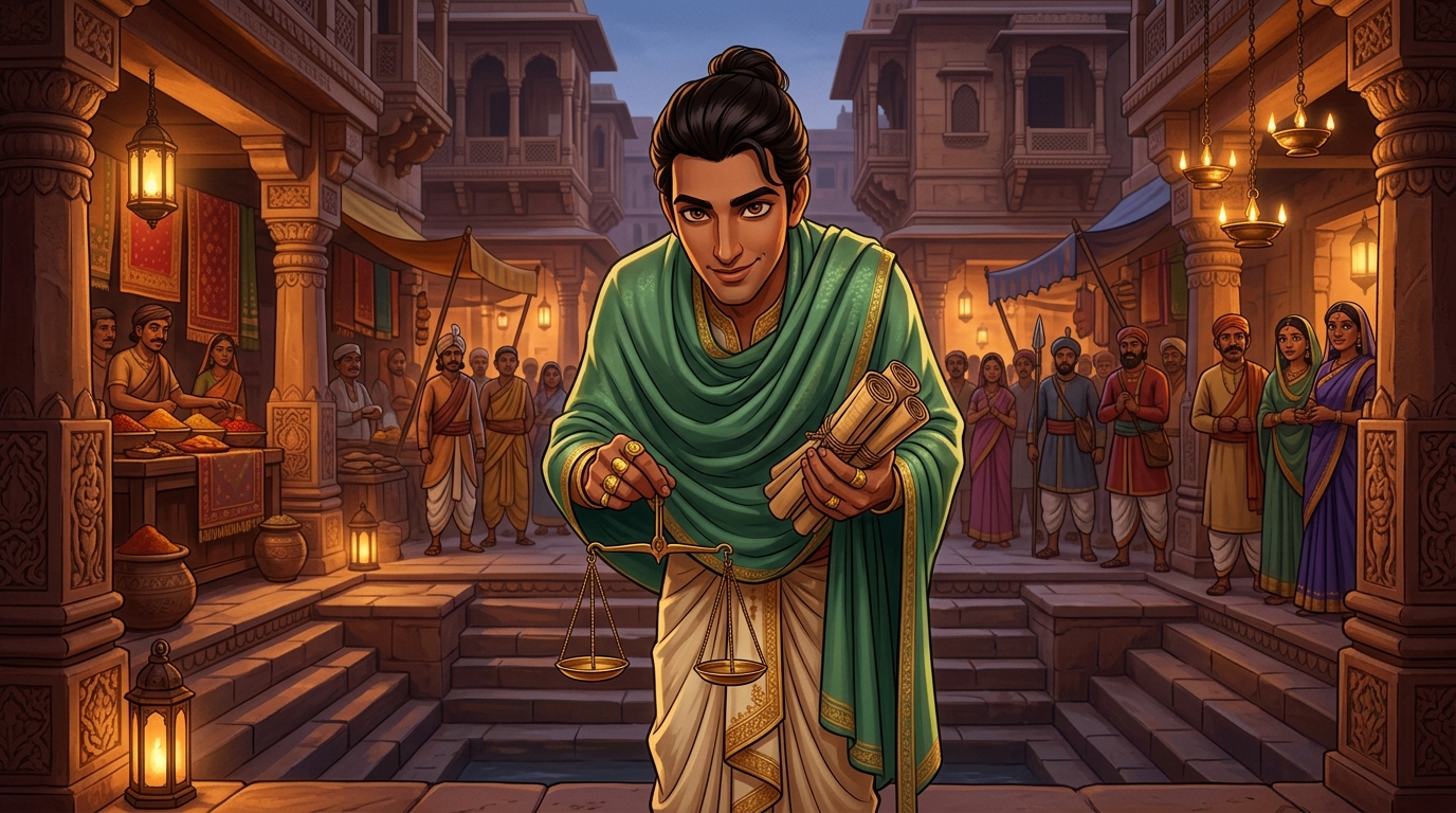 Pushpodbhava bowing with feigned compliance while his analytical mind devises psychological warfare