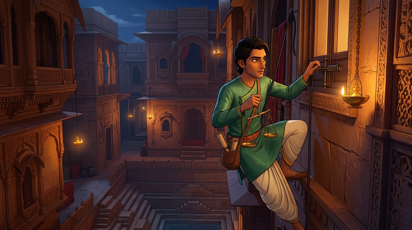Pushpodbhava utilizing Chaurashastra scaling sandstone walls of Daruvarman palace with silk hooks