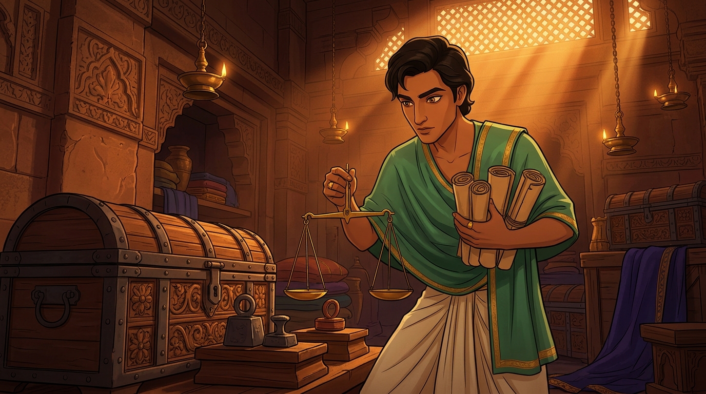 Pushpodbhava secretly recovering his father's confiscated gold chests from the royal vault replacing them with forged weights