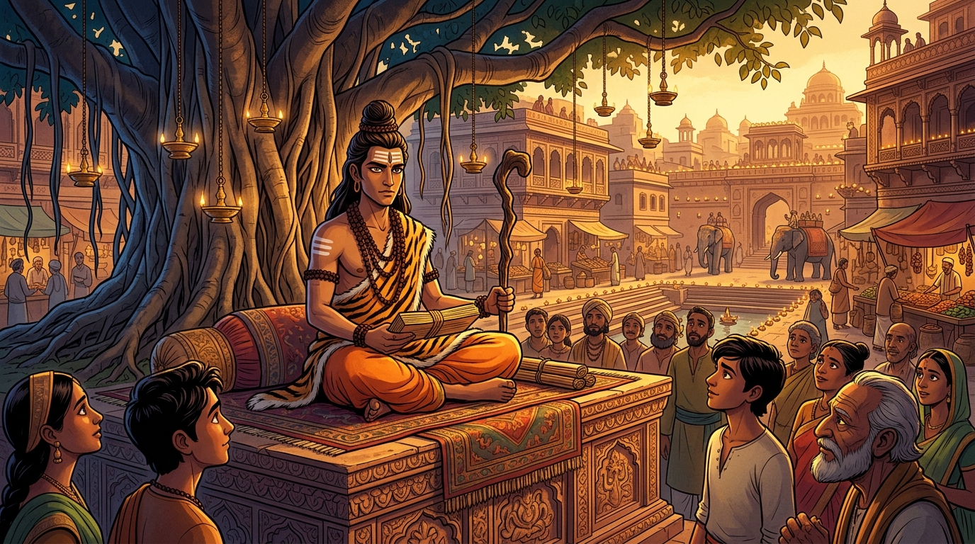 Pushpodbhava disguised as an esoteric sage wearing tiger skin and rudraksha holding court under a banyan tree