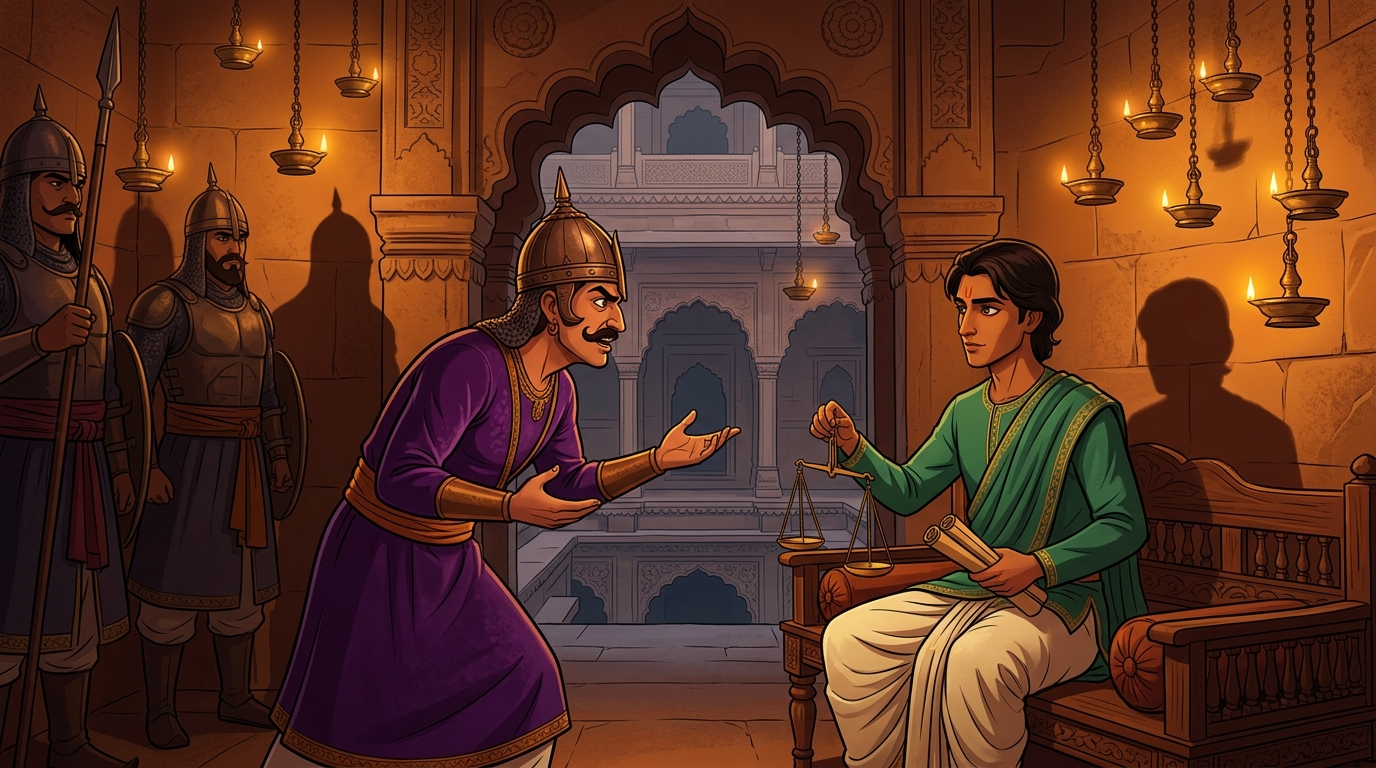 The superstitious Prince Daruvarman arriving in secret begging the seer for a mystic ritual