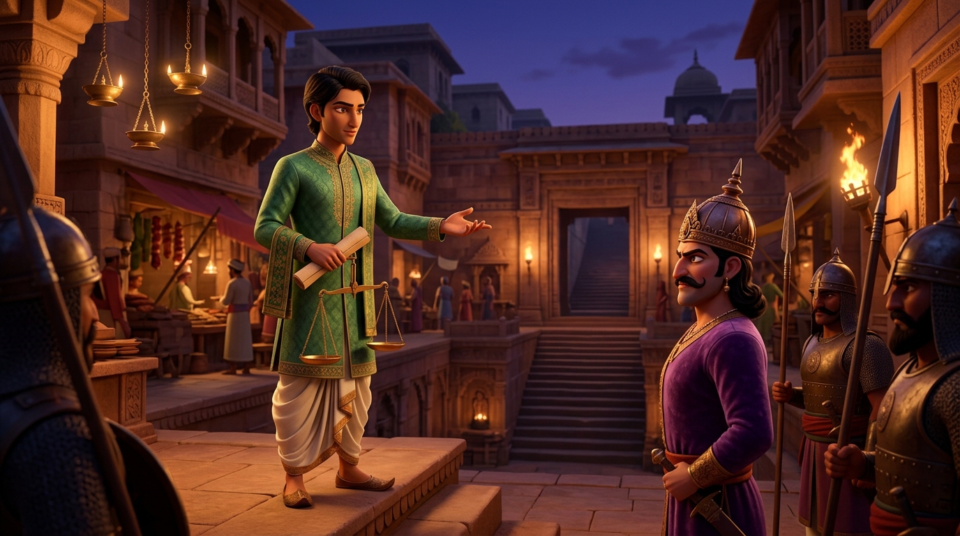 Pushpodbhava instructing the arrogant prince to perform a midnight solitary bath in the stepwell