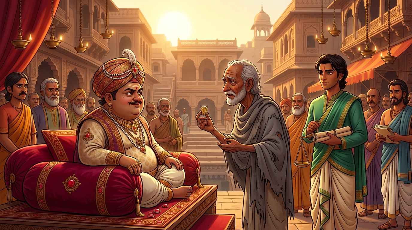 Dawn tribunal in Ujjayini where city magistrates publicly restore all stolen wealth to Ratnodbhava