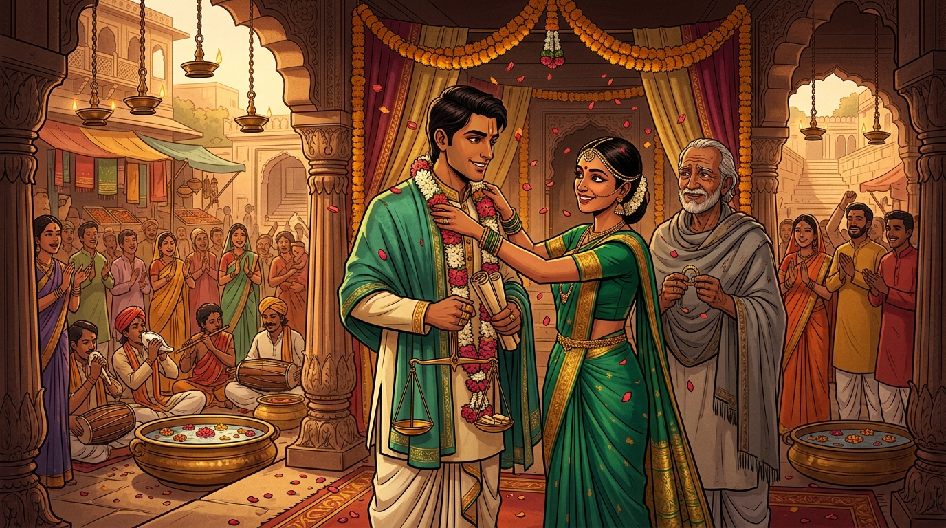 Joyous Vedic wedding celebration where Pushpodbhava and Balachandrika garland each other with rose petals