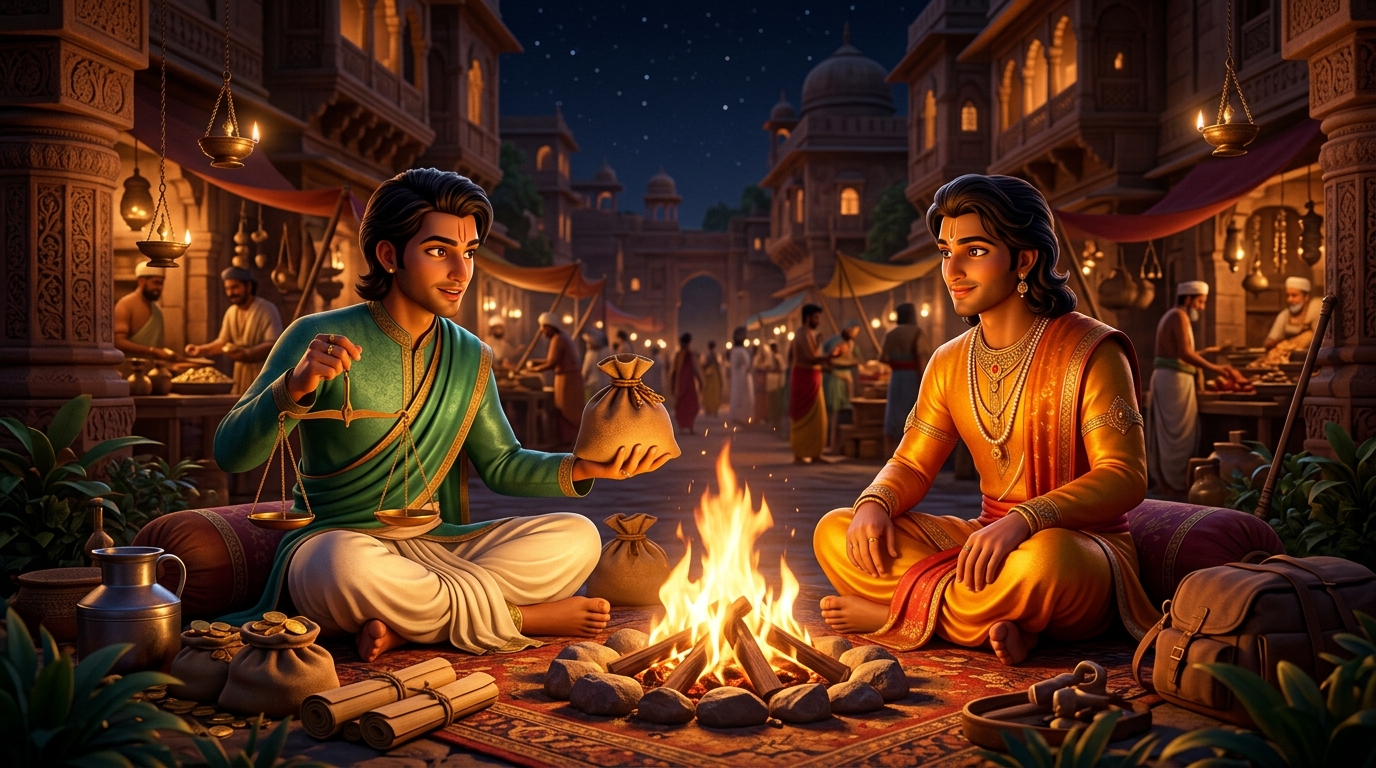 Back at the midnight campfire in Vindhyatavi where Pushpodbhava presents gold and intelligence scrolls to Rajavahana