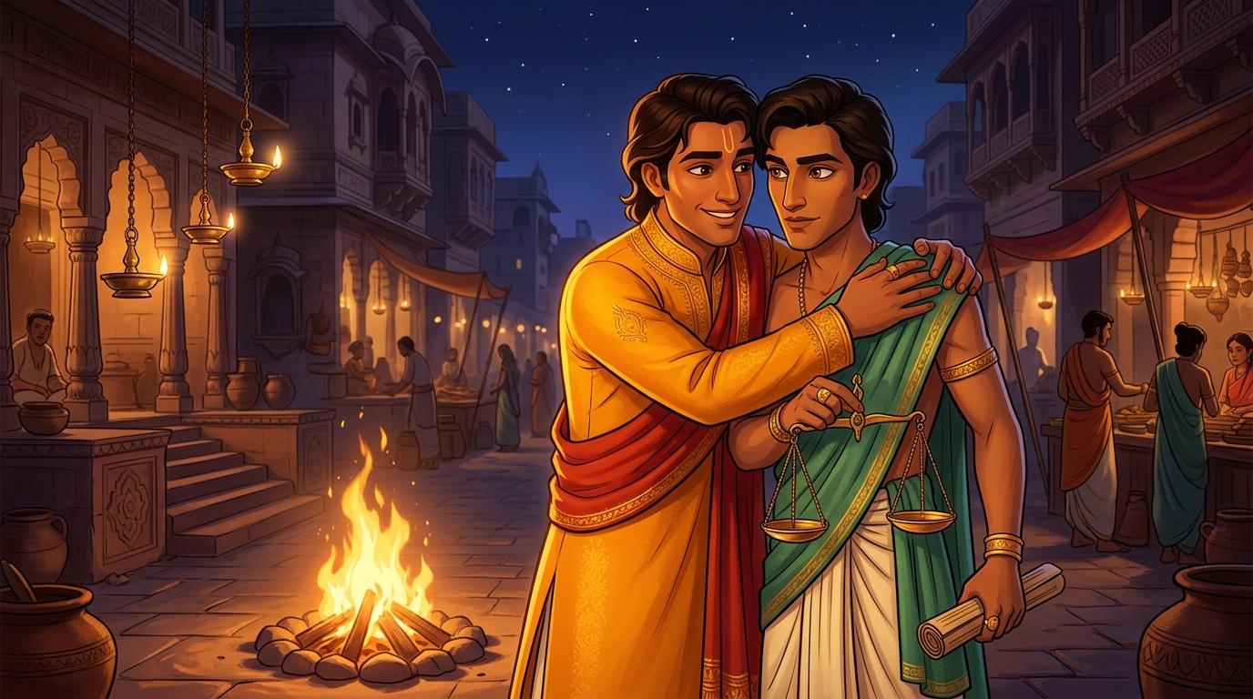 Prince Rajavahana embracing Pushpodbhava with radiant royal pride