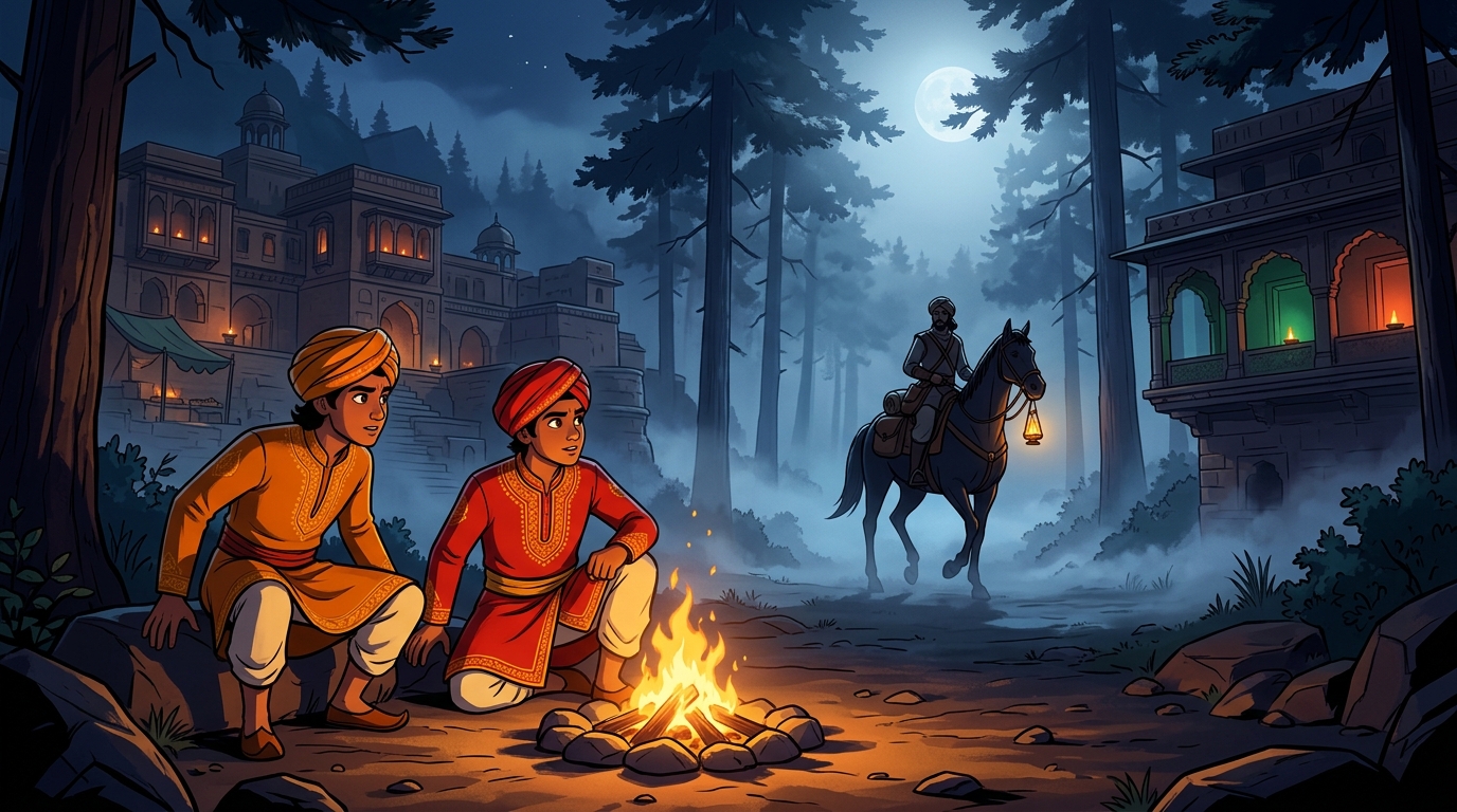 Wide closing cinematic shot of the princes rising by the glowing campfire as a horseman emerges from misty woods