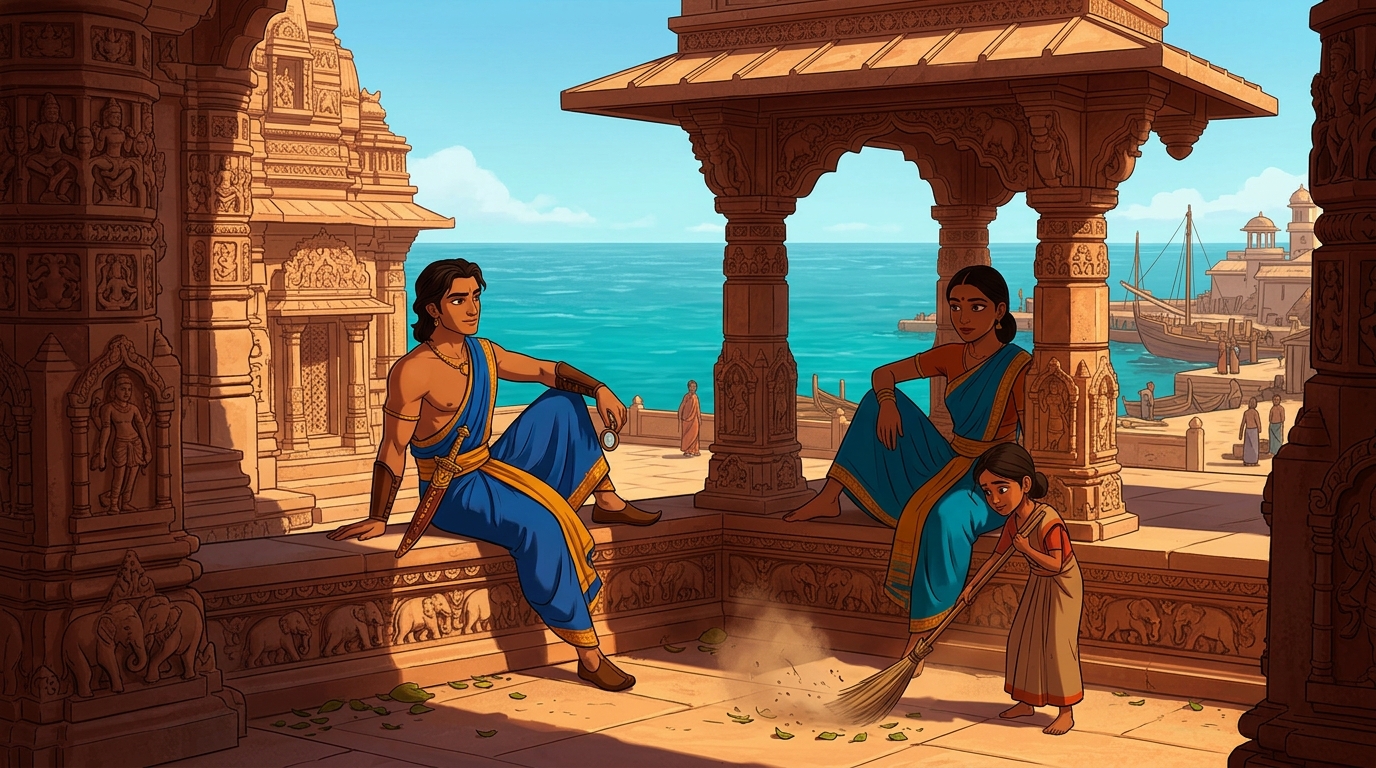 Somadatta resting under a carved stone mandap observing a poor Brahmin girl sweeping dust with a broom