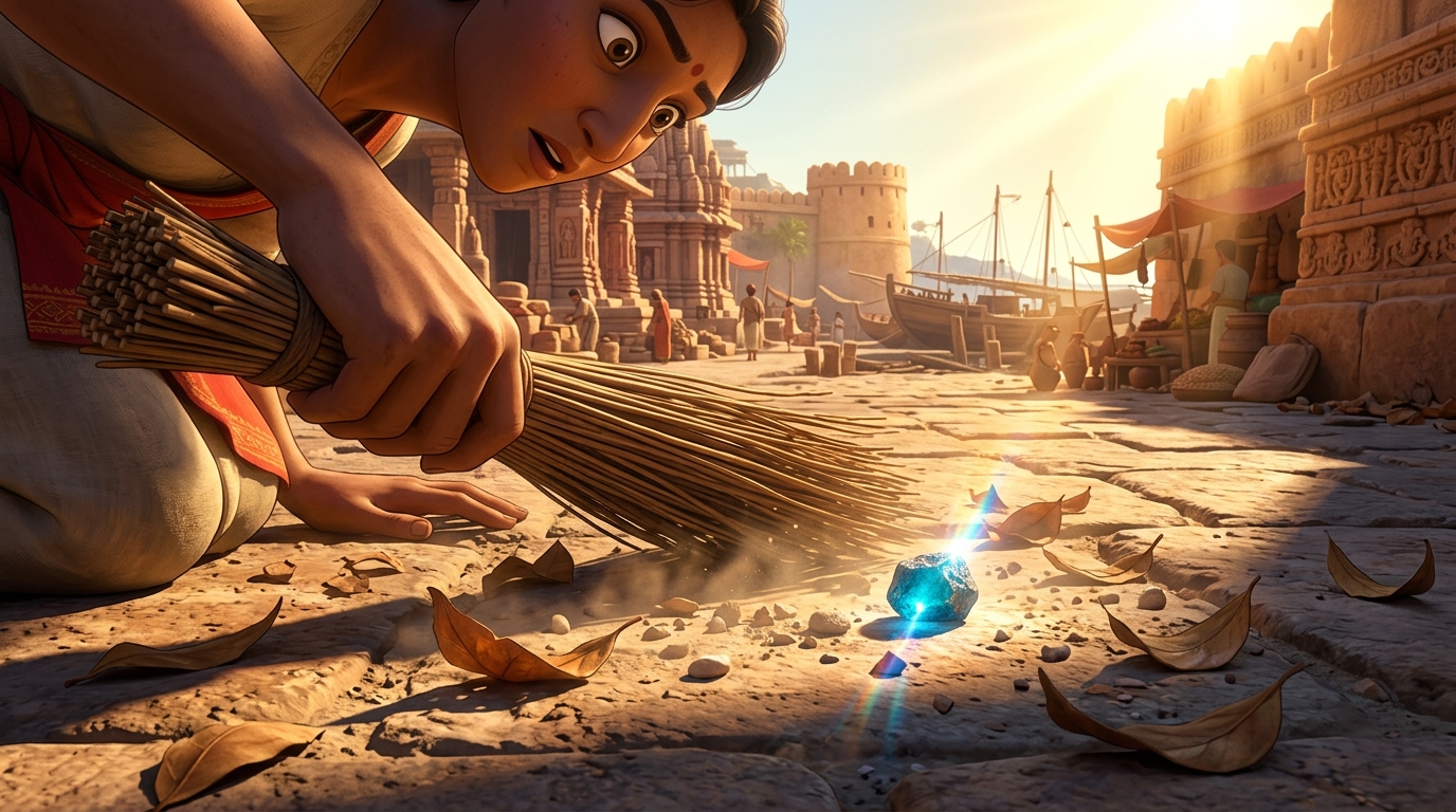Dynamic close-up of a pebble in the dust catching sunlight with a brilliant fiery blue refraction