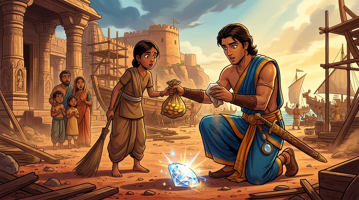 Somadatta picks up the stone revealing a colossal flawless diamond, gifting gold coins to the stunned sweeping girl