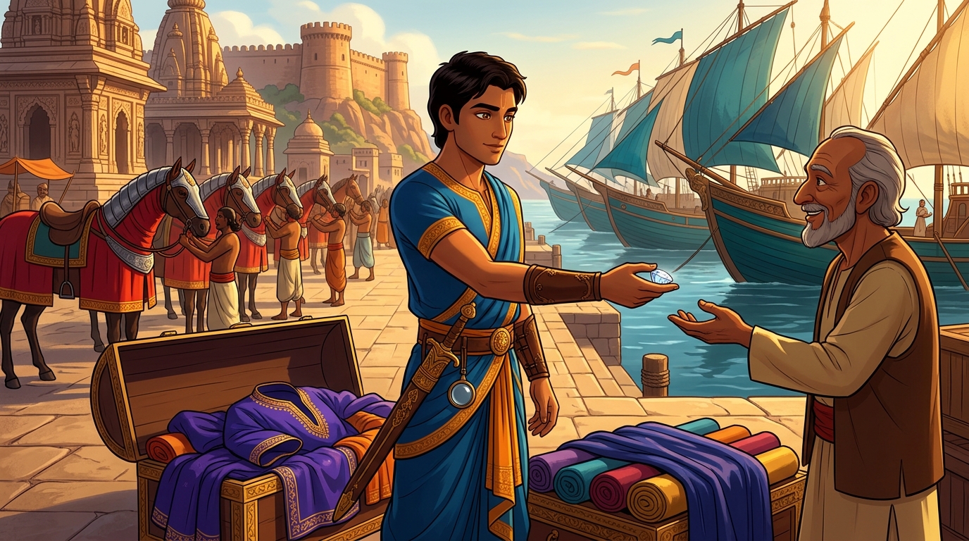 Somadatta at royal exchange trading a gem fragment for a fleet of merchant caravels and horses
