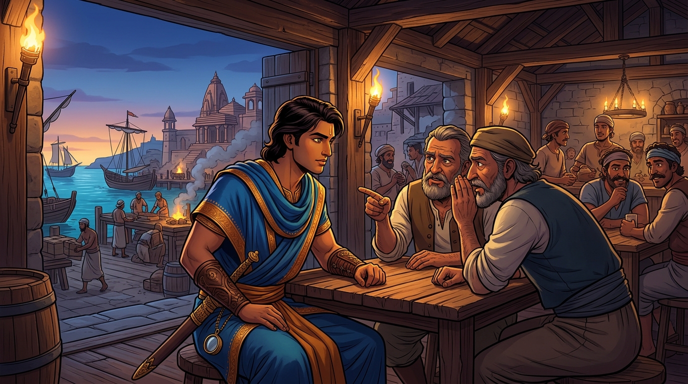 In a bustling coastal tavern Somadatta listens to sea captains discussing the dark tragedy of Saurashtra