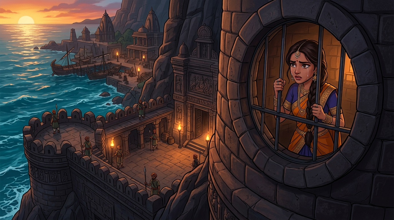 Flashback showing Princess Vamalochana locked inside the high tower of sea fortress looking out with defiance