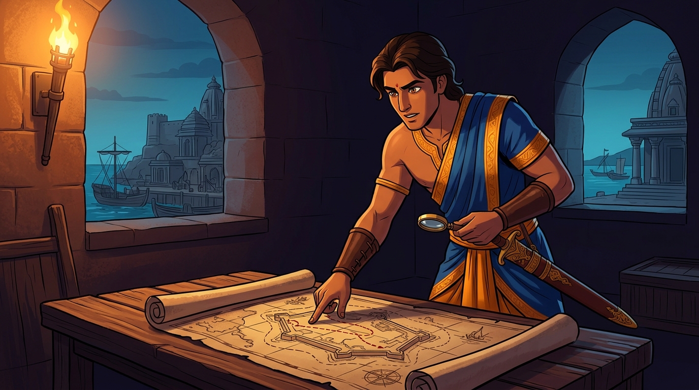 Somadatta unrolls a maritime chart of sea fortress formulating an undercover infiltration strategy