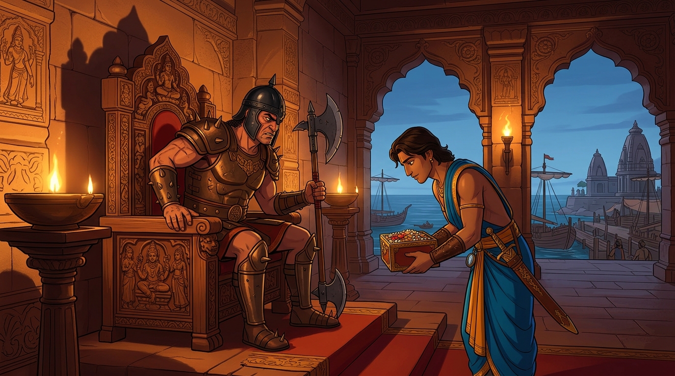 Audience hall where Somadatta bows presenting foreign spices and pearls to usurper Mattakala