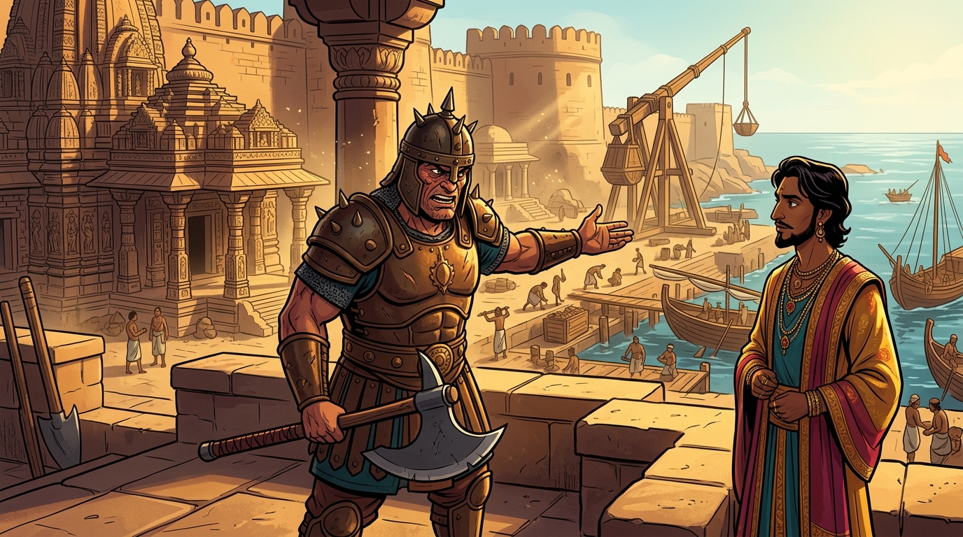 Mattakala blinded by greed welcoming the foreign merchant inviting him to inspect fortifications