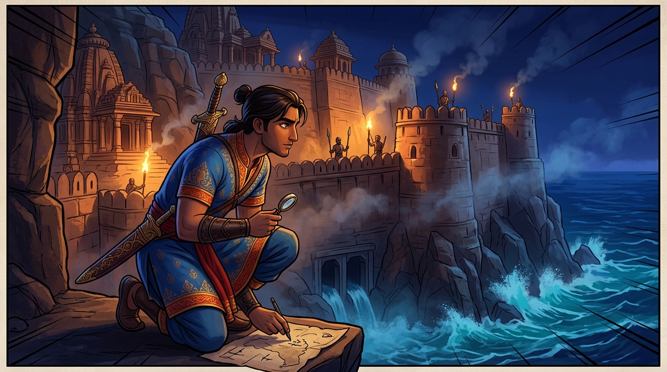 Night reconnaissance: Somadatta mapping guard rotations and sea-facing cliff ramparts under cover of surf