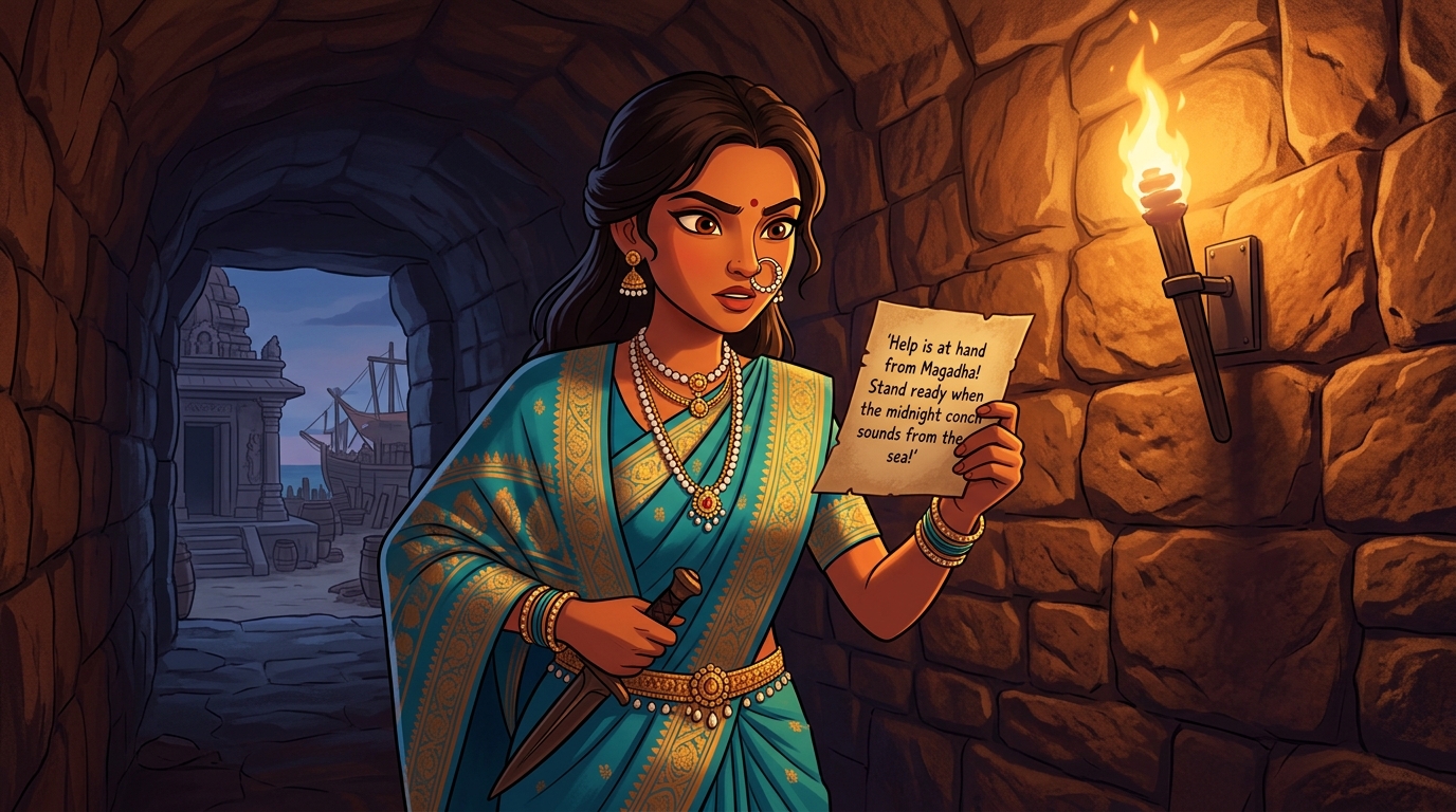 Princess Vamalochana reads secret cipher on parchment with fierce hope in her eyes