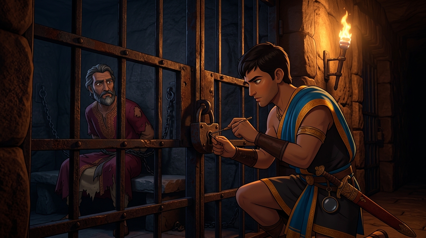 Deep dungeon: Somadatta picking the heavy iron padlock of royal cell using slender bronze tension tools