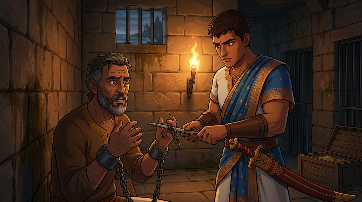 King Viraketu stares in disbelief as Somadatta severs his chains with a file handing him a royal talwar