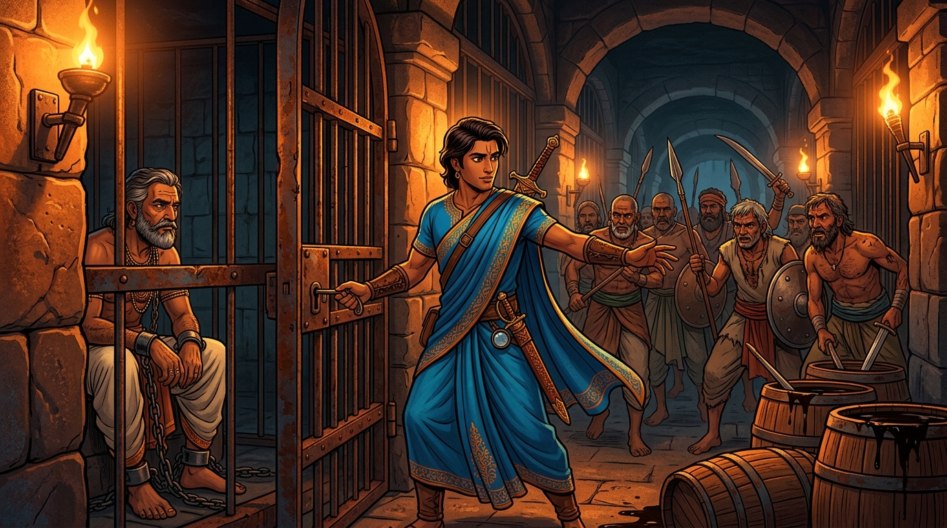 Arming loyalist prisoners: Somadatta unlocks neighboring cells arming fifty veteran generals with smuggled weapons