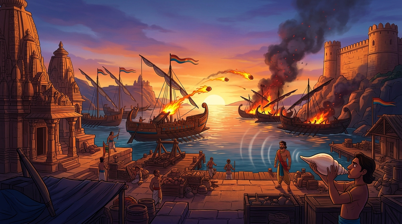 Dawn breaks over harbor: war conches echo as Somadatta merchant fleet unleashes flaming catapult stones upon war galleys