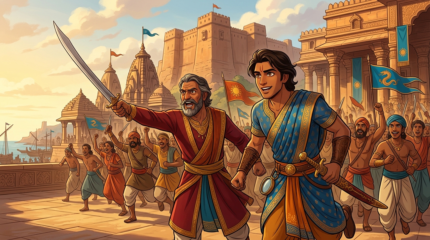 King Viraketu and Somadatta lead liberated loyalist army storming palace courtyard with battle cries