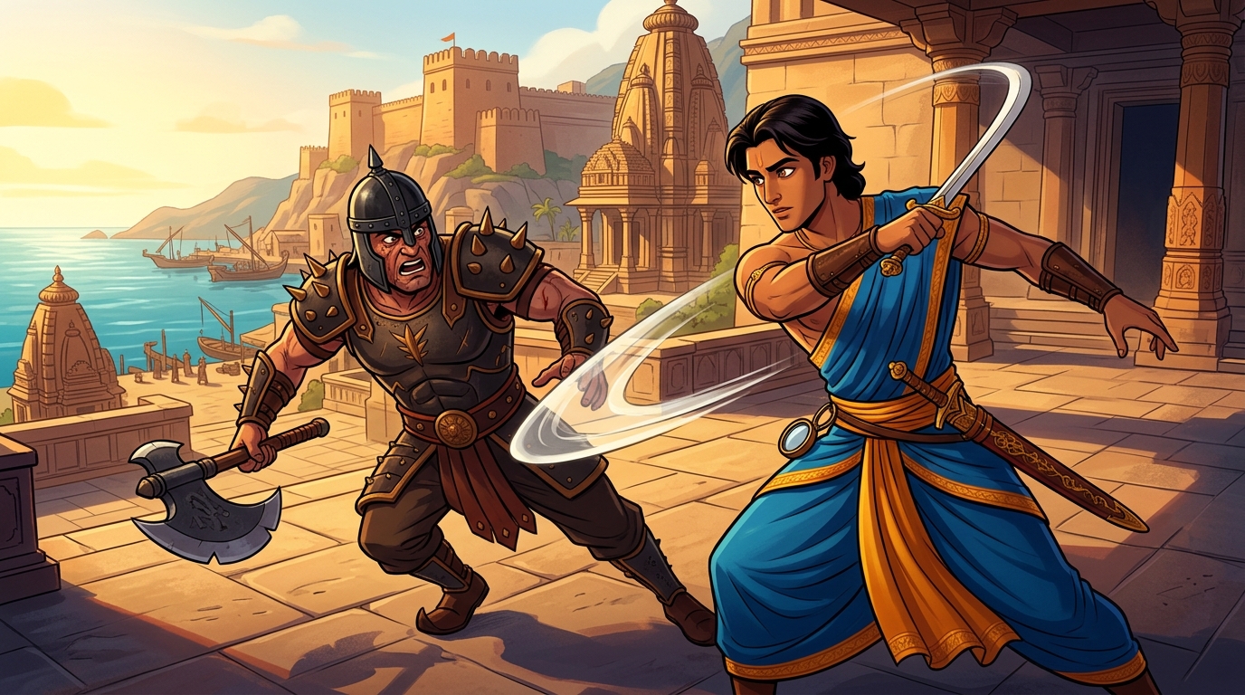 Climax duel on sea terrace: usurper Mattakala swings battle-axe but Somadatta parries and disarms him with circular sword sweep