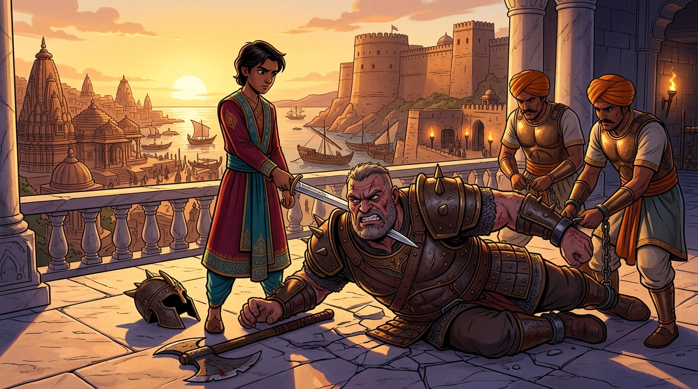 Mattakala collapses defeated onto terrace pinned beneath Somadatta blade as guards place him in shackles