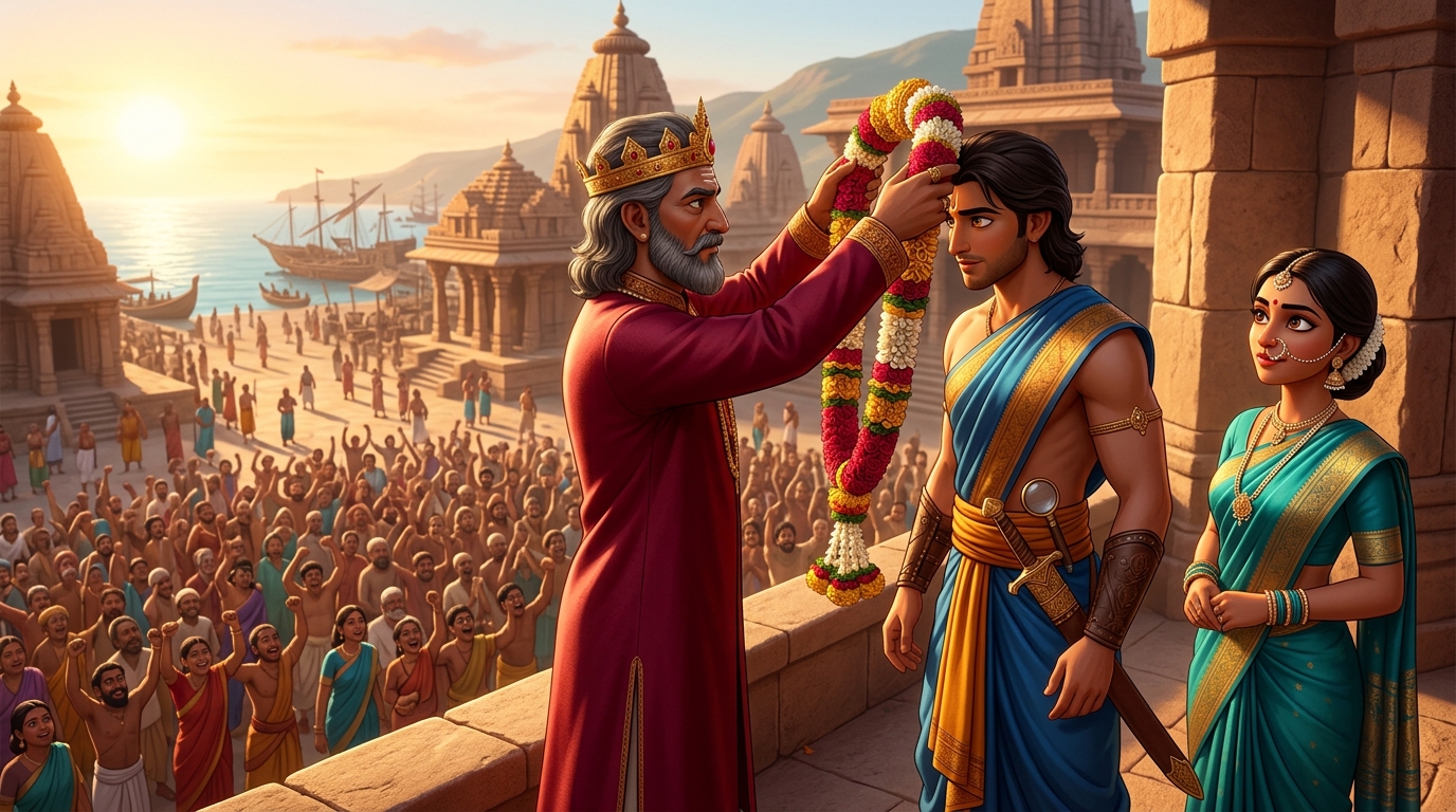 Dawn victory ceremony: King Viraketu reclaimed his golden throne placing royal garland on Prince Somadatta