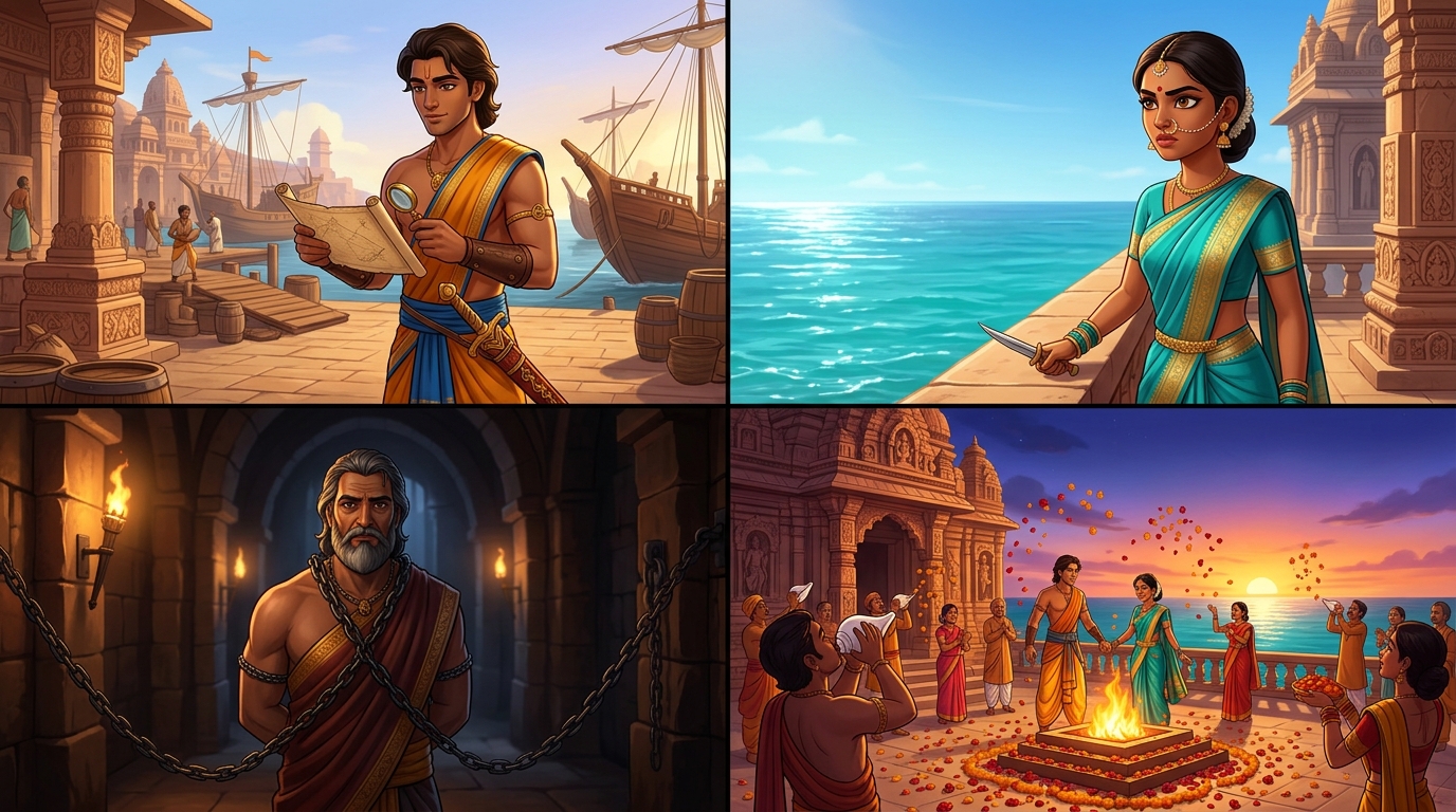 Grand seaside Vedic wedding: Somadatta and Vamalochana circle sacred fire on ocean terrace of Mahakala temple