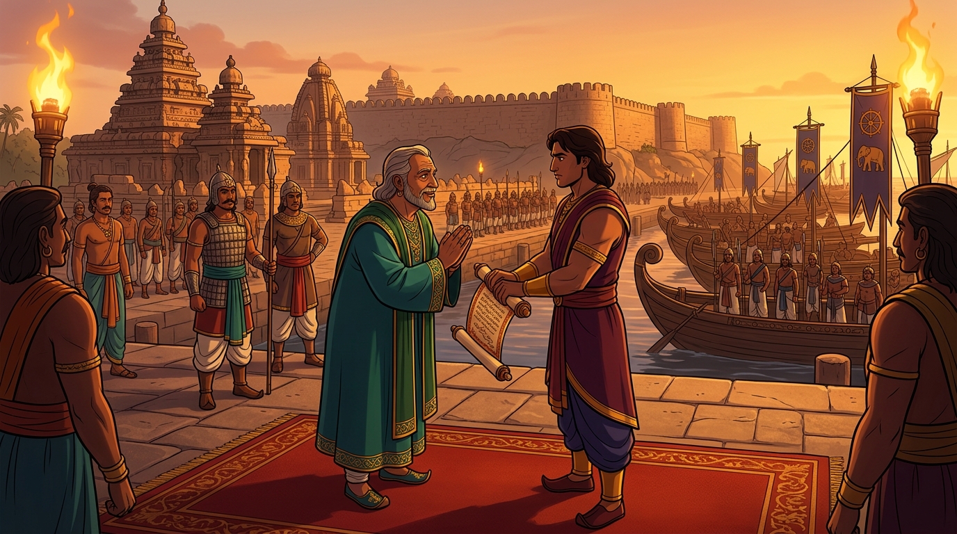 Naval alliance sealed: King Viraketu pledges thirty swift war galleys to Somadatta in service of Magadha