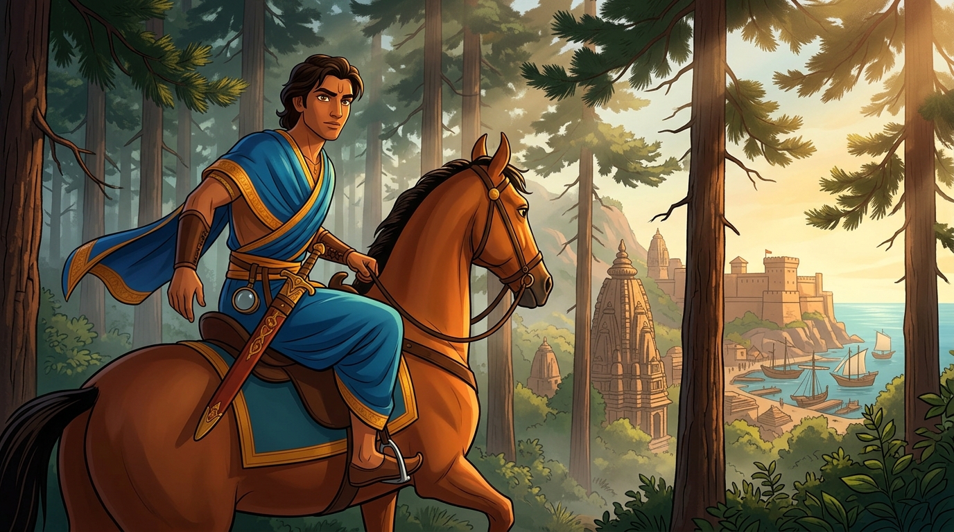 Somadatta mounts his swift Marwari steed riding eastward through pine forests of Vindhyas