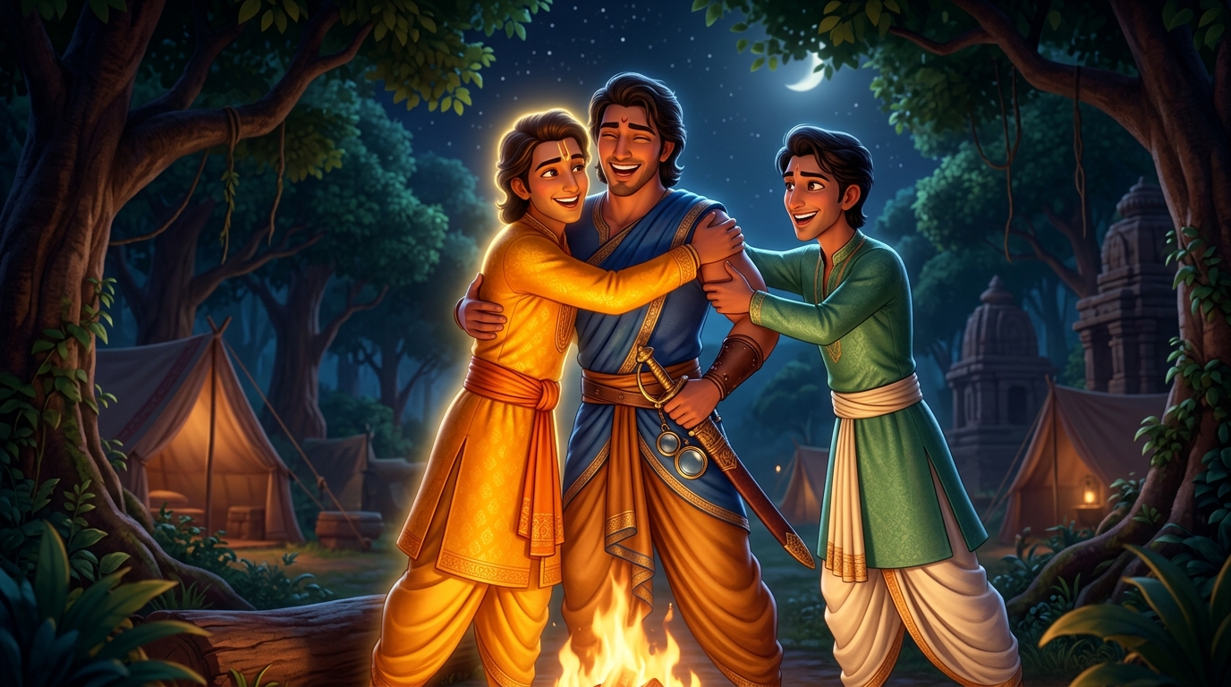 Campfire reunion: Somadatta arrives at campfire embracing Rajavahana and Pushpodbhava with joyous laughter