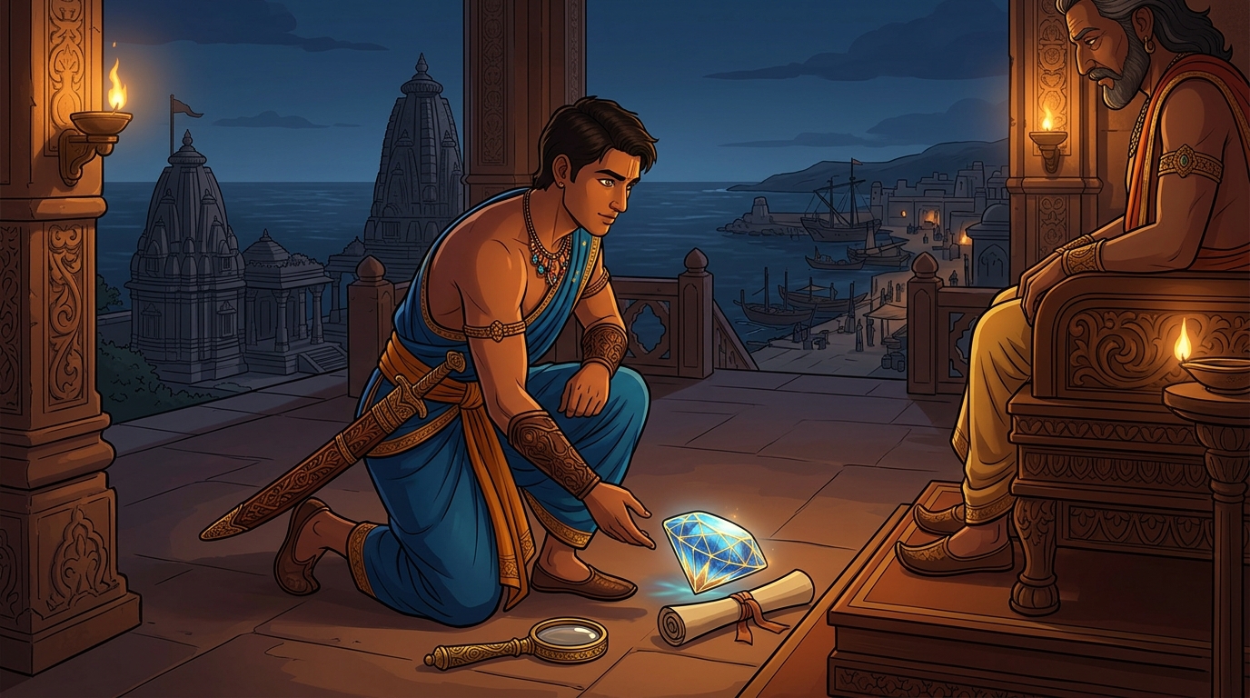 Somadatta concludes his tale placing the remaining diamond and signed naval treaty at Rajavahana feet