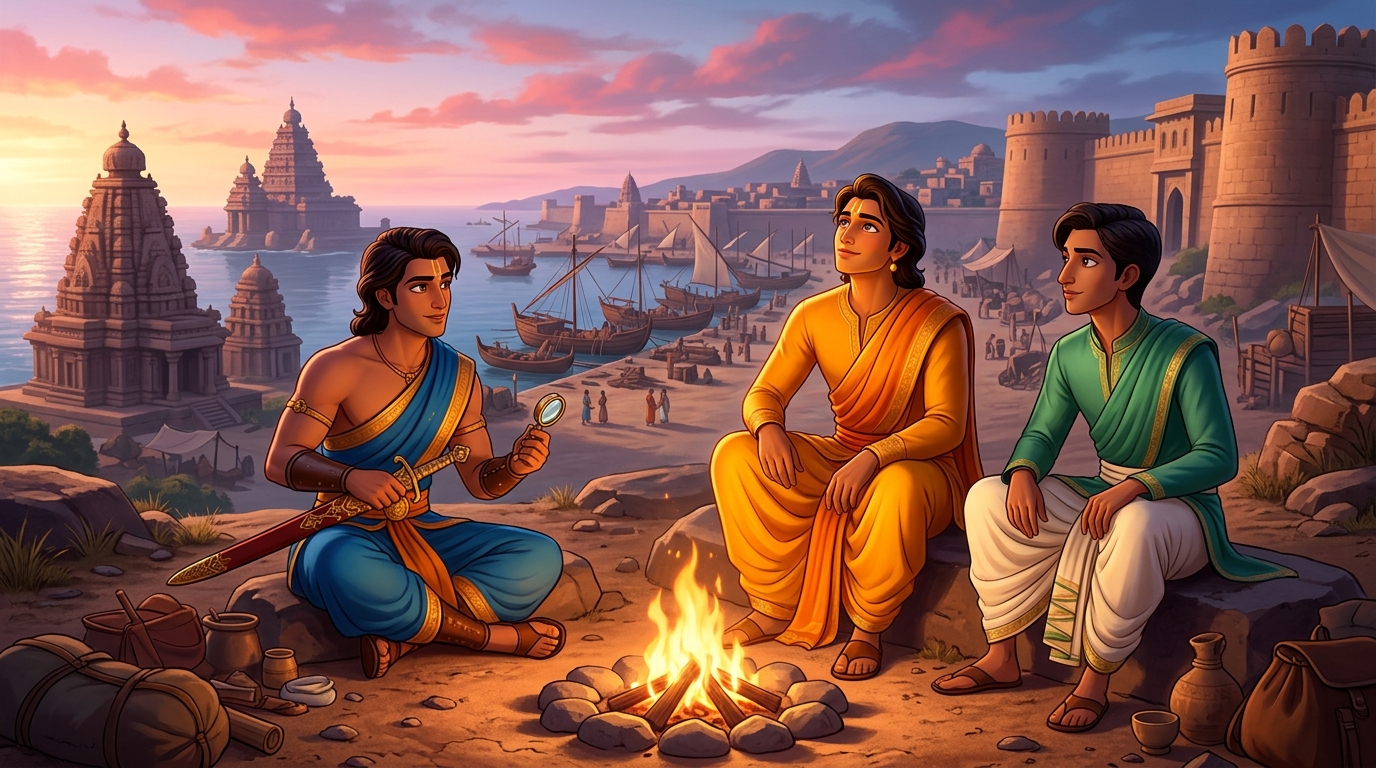 Rajavahana looks up toward eastern horizon as dawn approaches speaking of Apaharavarman in Champa