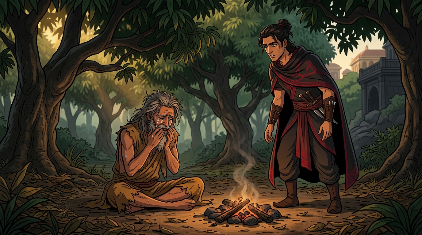 Apaharavarman discovers the disconsolate Sage Marichi seated beside a dying fire weeping in remorse